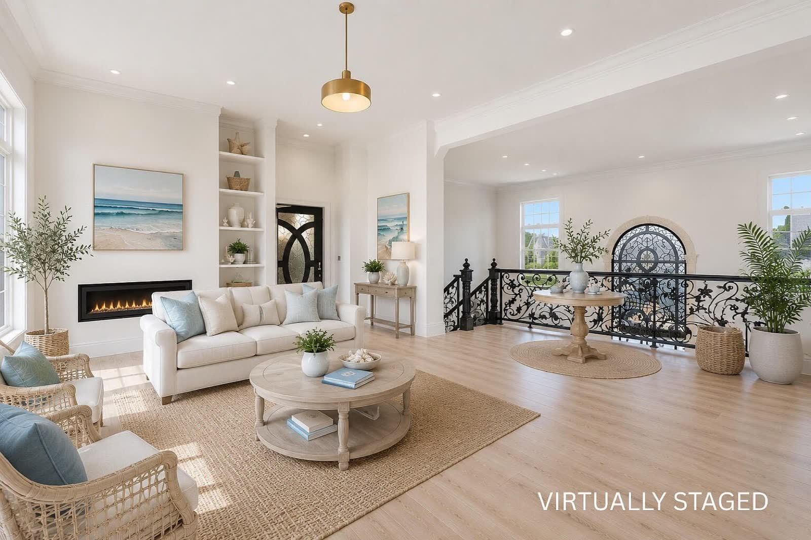 The same salon, virtually staged in a coastal style